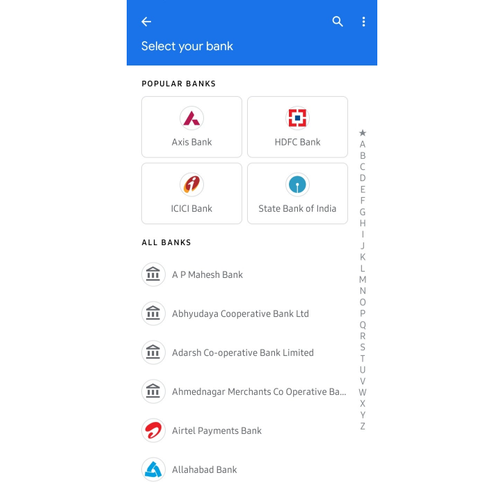 Select your bank - Google pay