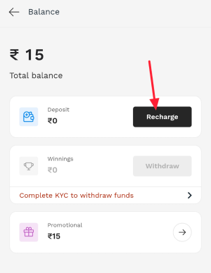 Click on recharge for add money in probo app