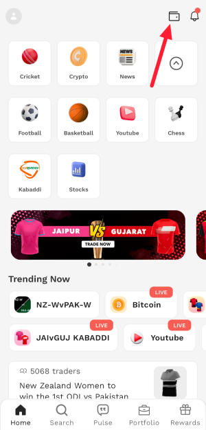 Click on wallet for add money in probo app