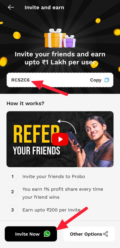Copy refrral code on probo app